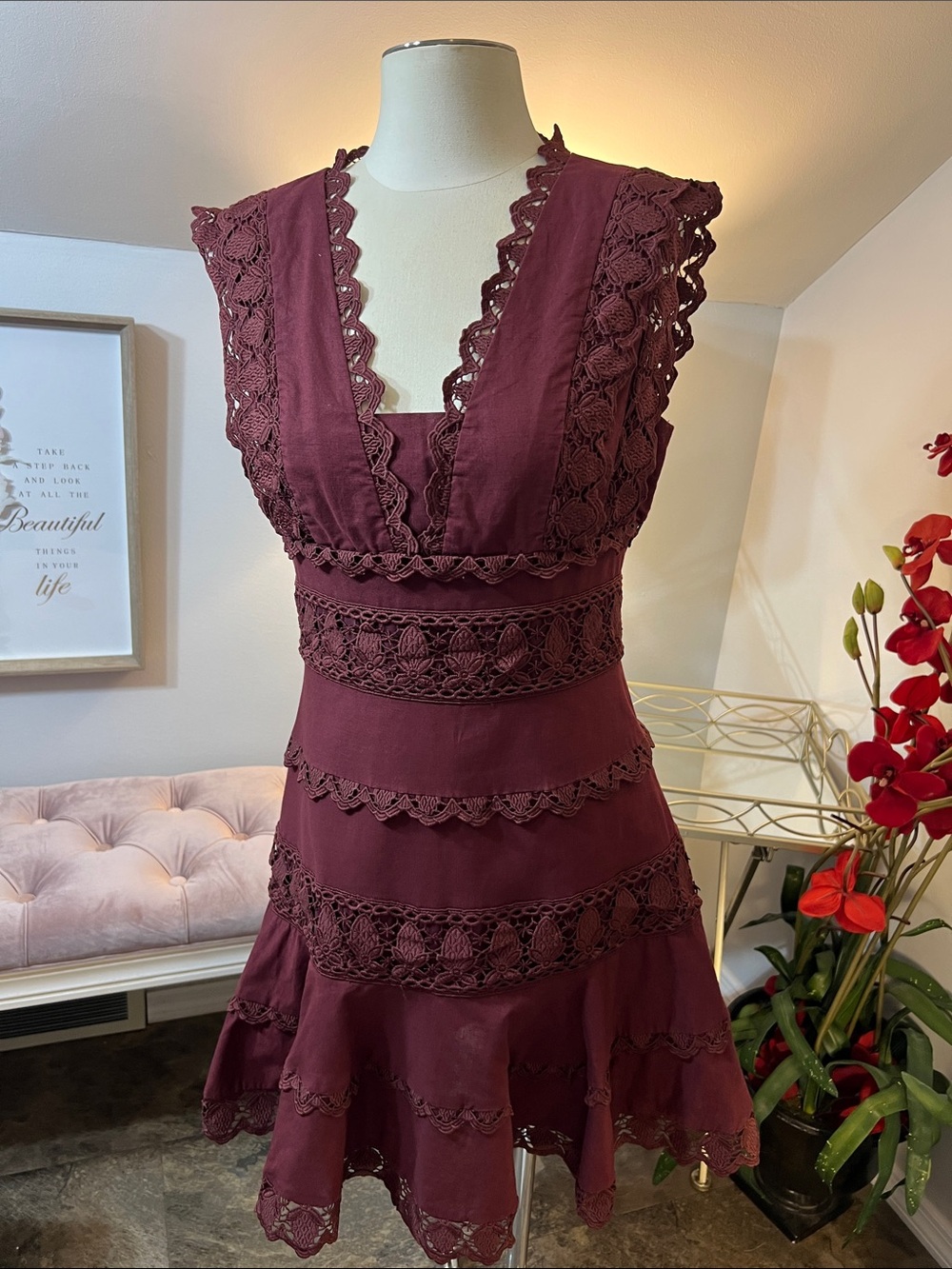 Endless Rose Scalloped Lace Mini Dress - Maroon Burgundy Size Medium